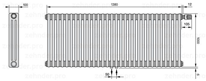 Схема (чертеж) Радиатор Zehnder Charleston 3100/30 №V008 Белый глянцевый RAL 9016